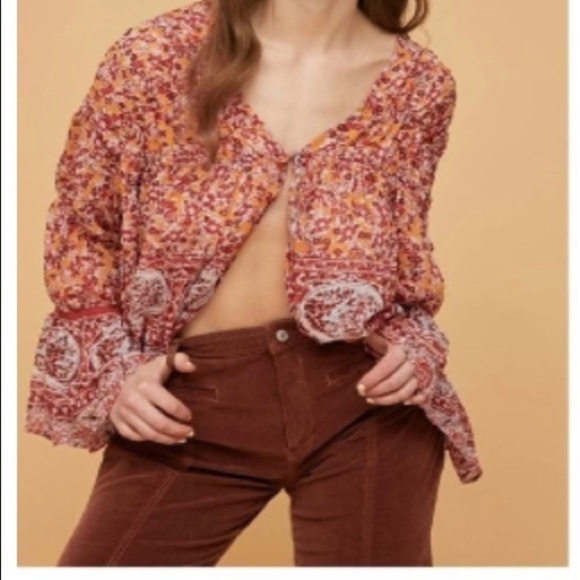 Free People‎ Boho Floral Blouse Women's Size XS Bell Sleeve Peasant Top Comfy - Picture 3 of 15
